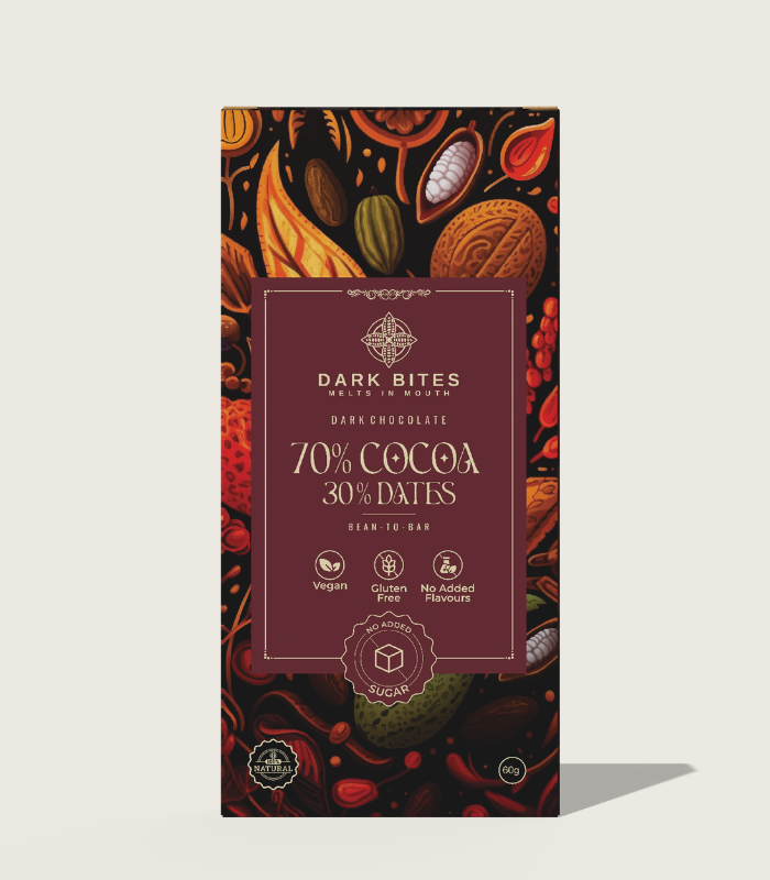 70% Cocoa & 30% Dates Dark Chocolate – Naturally Sweetened (80g)