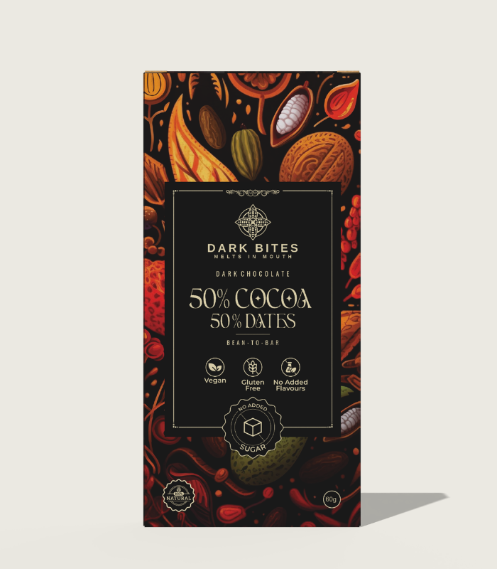 50% Cocoa & 50% Dates Dark Chocolate – Naturally Sweetened Bean-to-Bar (80g)