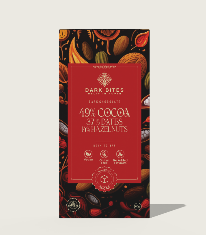 49% Cocoa, 37% Dates & 14% Hazelnuts Chocolate – Naturally Sweetened Bean-to-Bar (80g)