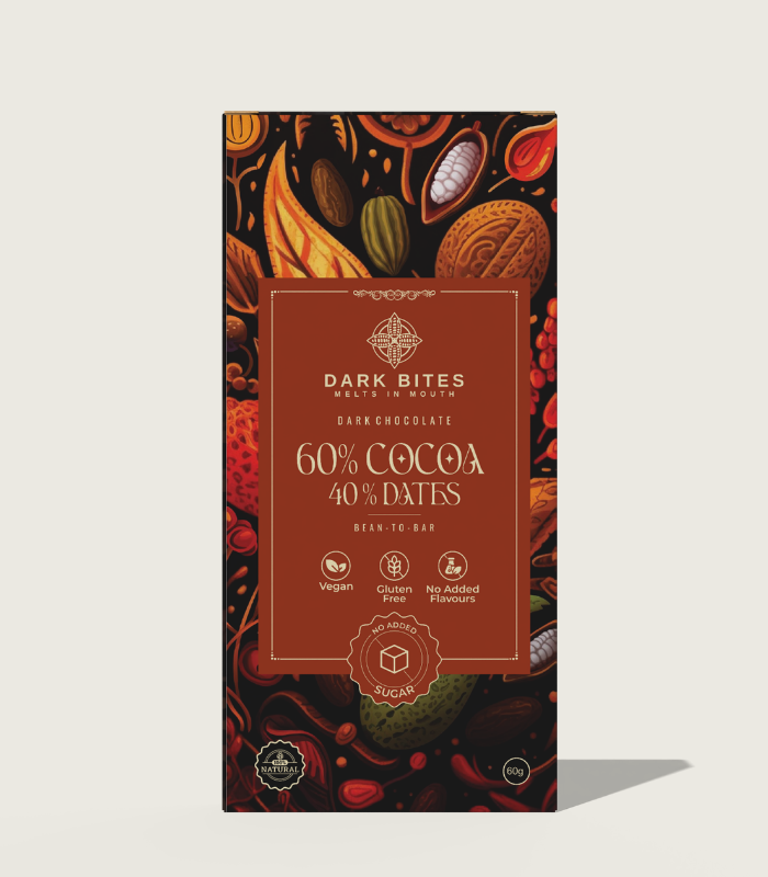60% Cocoa & 40% Dates Dark Chocolate – Naturally Sweetened Bean-to-Bar (80g)