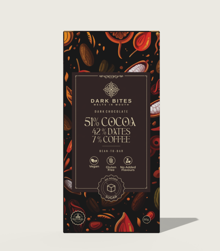 51% Cocoa, 42% Dates & 7% Coffee Dark Chocolate – Naturally Sweetened Bean-to-Bar (80g)