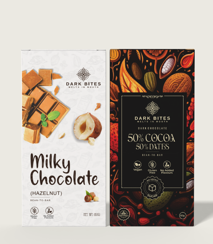 Hazelnut Milk Chocolate & 50% Dark Dates Chocolate Combo (2 x 60g) | Sugar-Free Dark Chocolate Duo