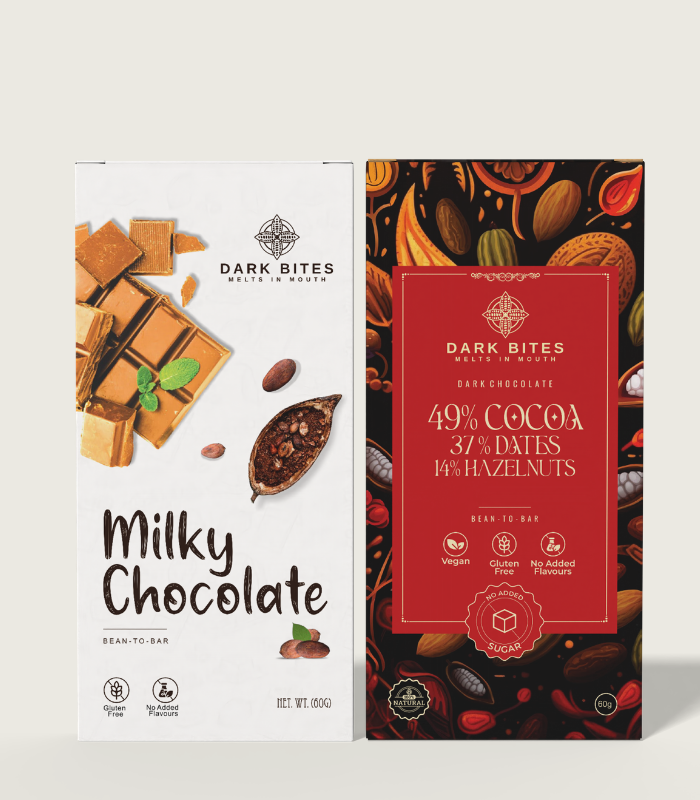 Classic Milk Chocolate & 49% Dark Dates Hazelnut Chocolate Combo (2 x 60g) | No Sugar Dark Chocolate