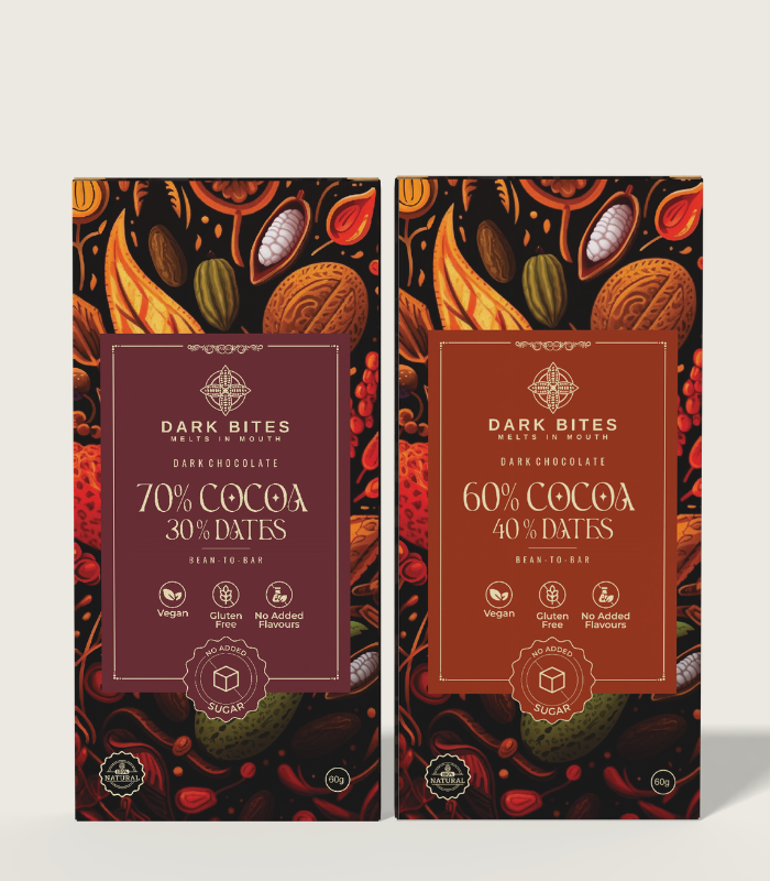 70% & 60% Dark Chocolate Combo with Dates (2 x 60g) | No Sugar | Vegan Bean-to-Bar Duo