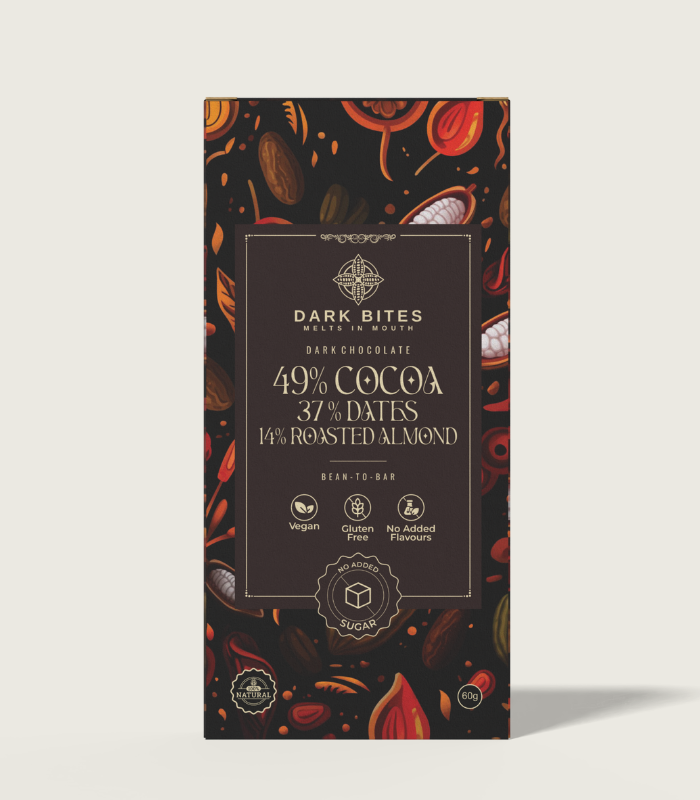 49% Cocoa, 37% Dates & 14% Roasted Almond Dark Chocolate – Naturally Sweetened Bean-to-Bar