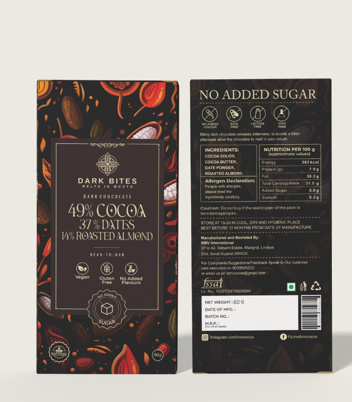 49% Cocoa, 37% Dates & 14% Roasted Almond Dark Chocolate – Naturally Sweetened Bean-to-Bar